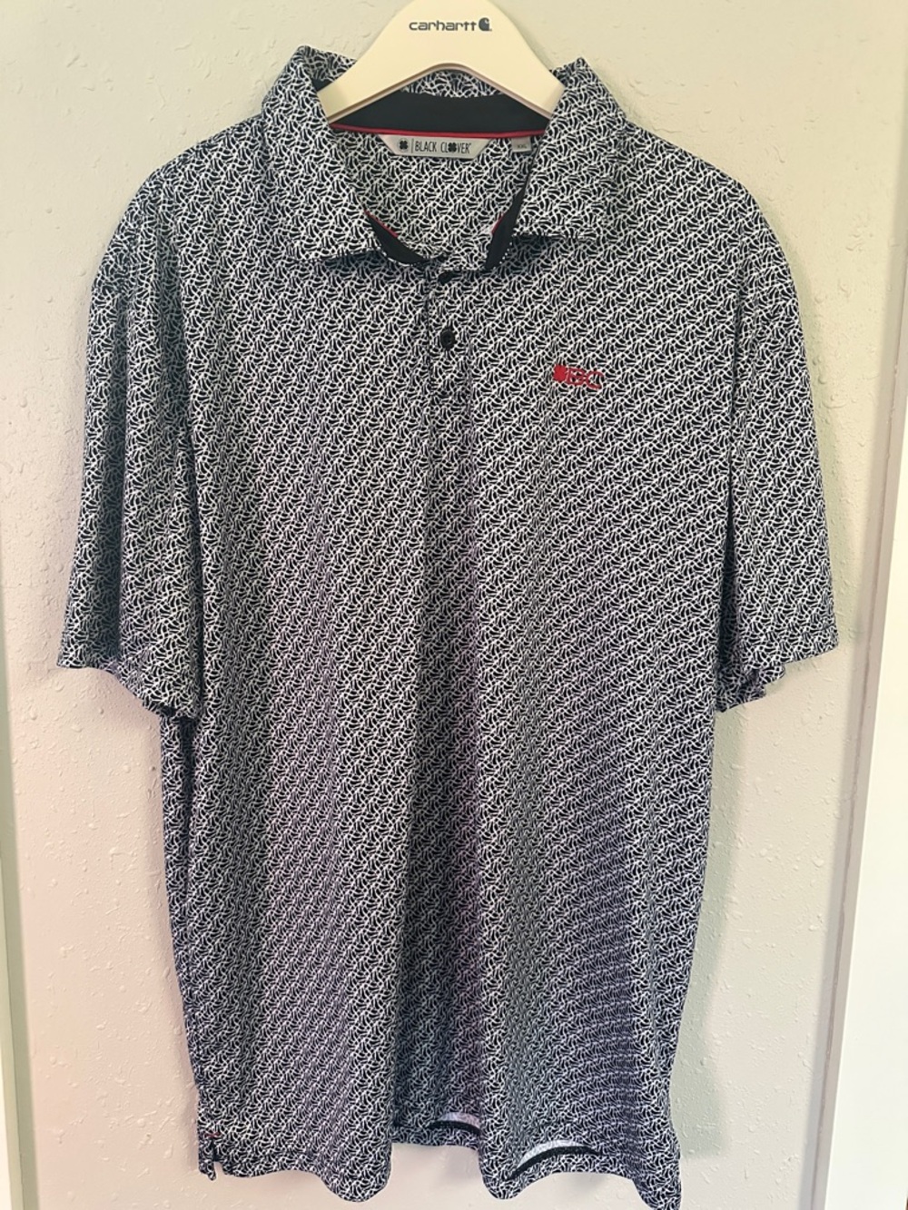Men’s Black Clover Black & White Geometric Polo with Red Logo Accent